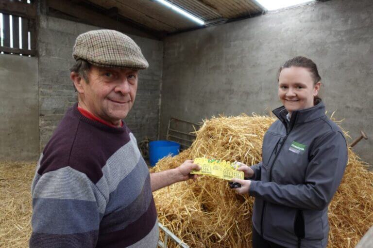 James Brown - a farmer holding cattle tags along with a staff member from Countryside Services