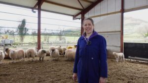 Sixth Generation Hill Farmer smiling in shed with sheep